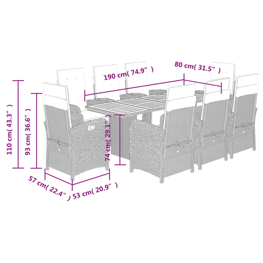 Ensemble à manger de jardin et coussins 9 pcs beige Poly rotin - 9
