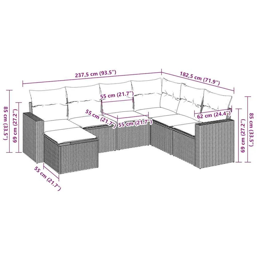 Salon de jardin avec coussins 7 pcs marron résine tressée - 3