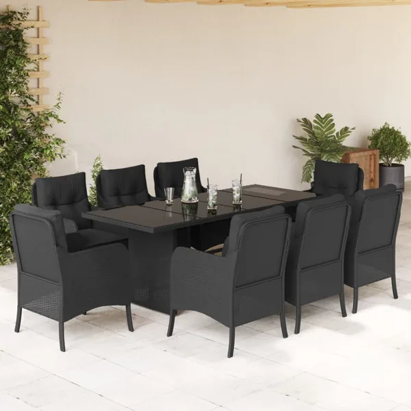 Ensemble à manger de jardin 9pcs coussins noir résine tressée