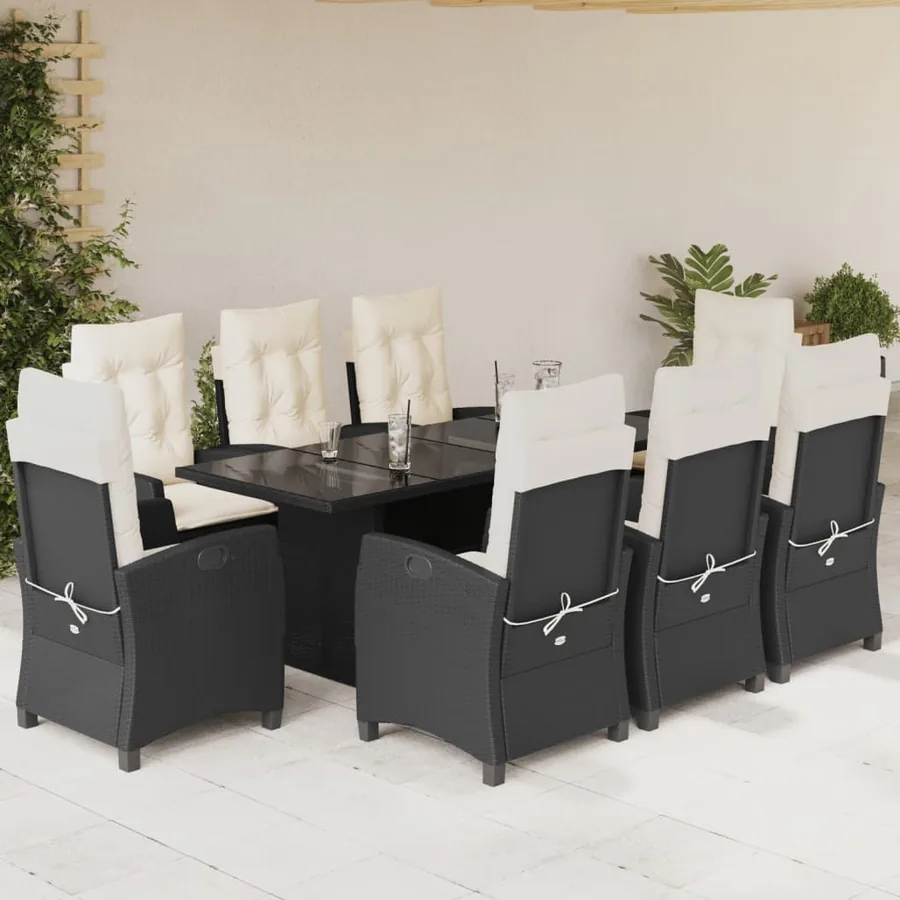 Ensemble à manger de jardin 9pcs coussins noir résine tressée