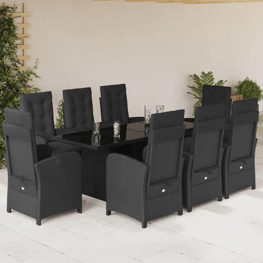 Ensemble à manger de jardin 9pcs coussins noir résine tressée