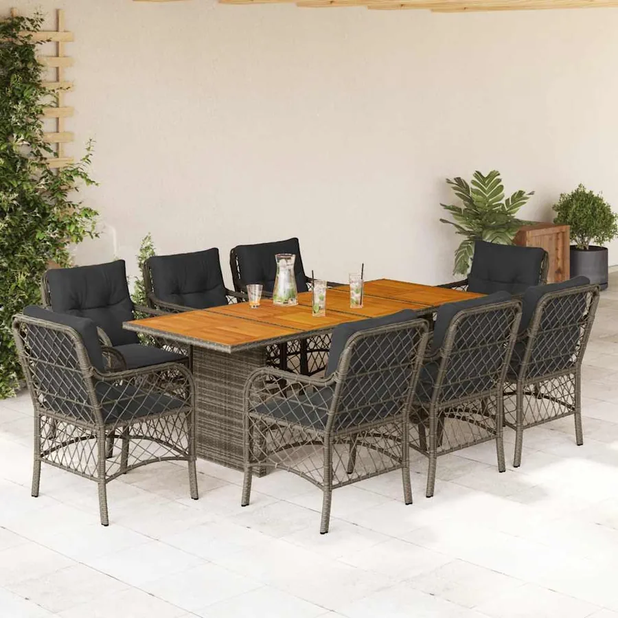 Ensemble à manger de jardin 9 pcs coussins gris résine tressée