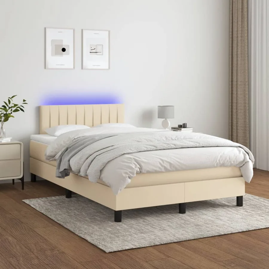 Sommier à lattes de lit matelas et LED crème 120x190 cm tissu - 5