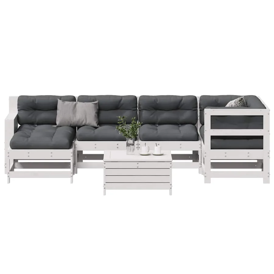 Salon de jardin 7 pcs avec coussins blanc bois de pin massif