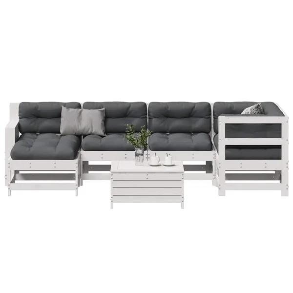 Salon de jardin 7 pcs avec coussins blanc bois de pin massif