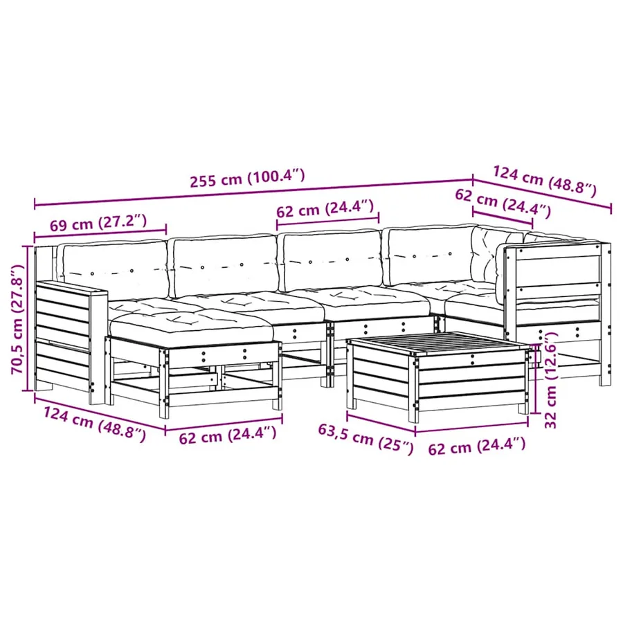 Salon de jardin 7 pcs avec coussins blanc bois de pin massif - 12