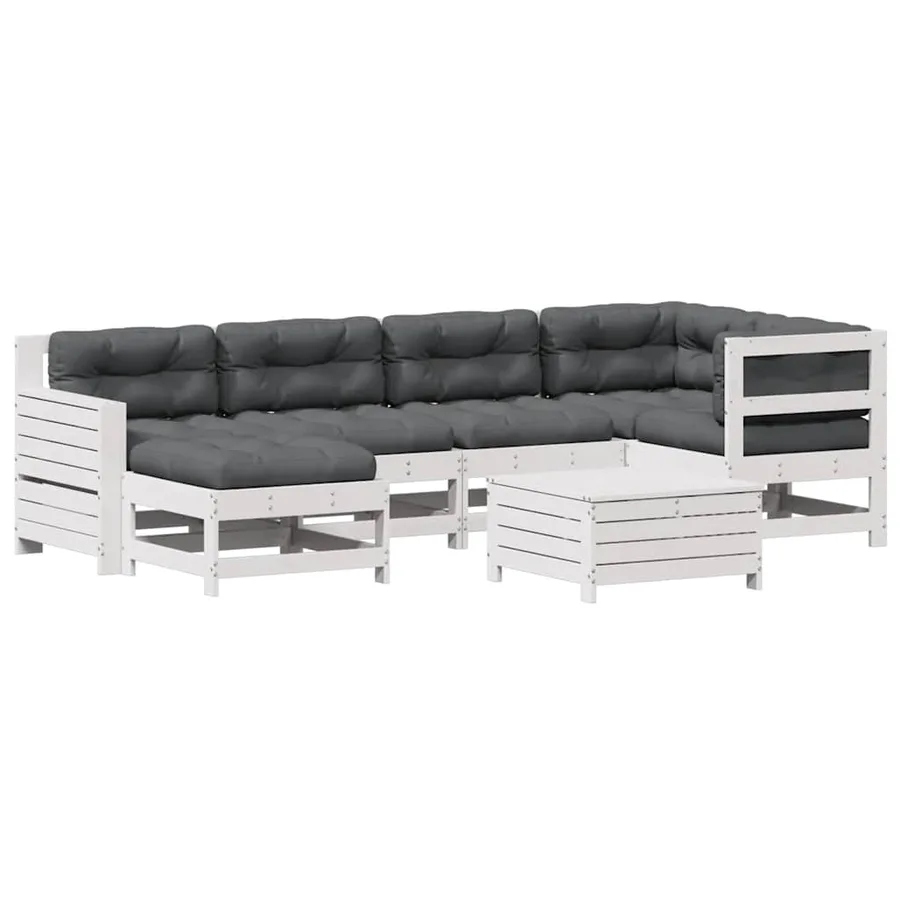 Salon de jardin 7 pcs avec coussins blanc bois de pin massif - 2