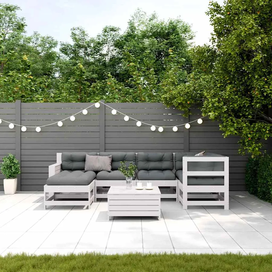 Salon de jardin 7 pcs avec coussins blanc bois de pin massif - 3