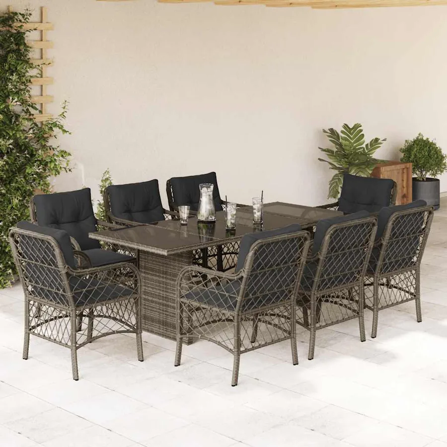 Ensemble à manger de jardin 9 pcs coussins gris résine tressée