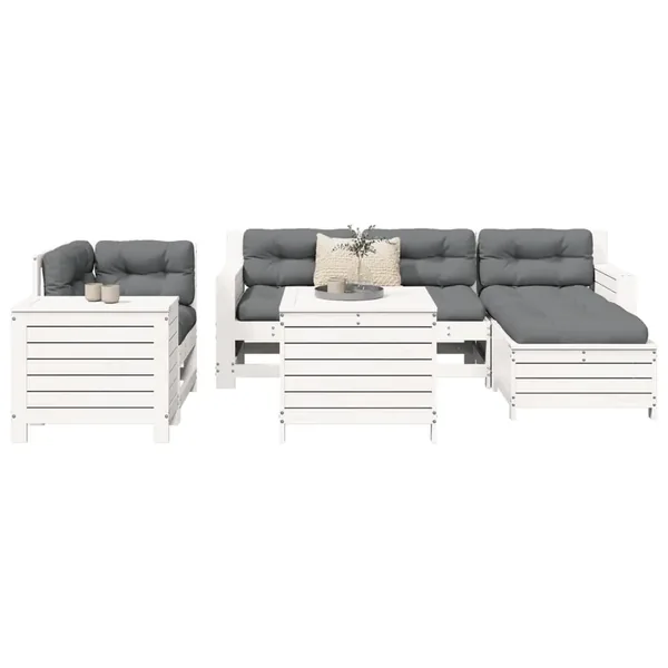 Salon de jardin 7 pcs blanc bois de pin massif