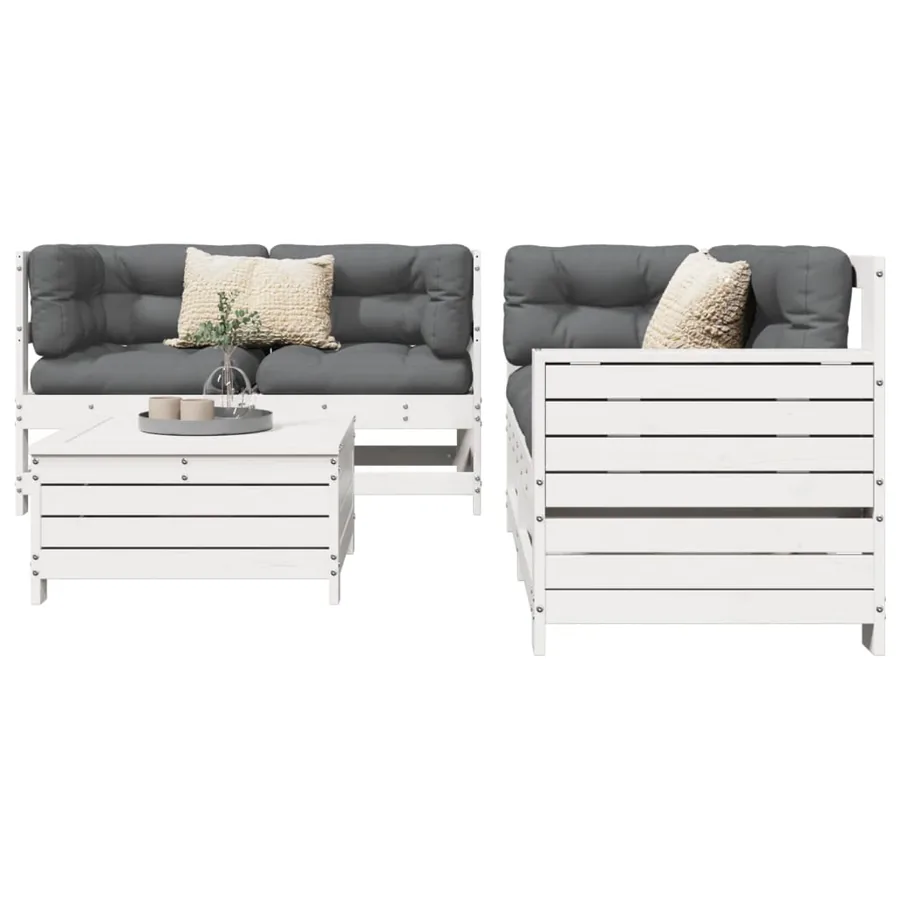 Salon de jardin 5 pcs blanc bois massif de pin