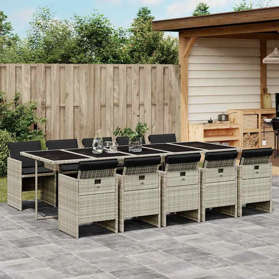 Ensemble à manger de jardin 11pcs avec coussins gris poly rotin