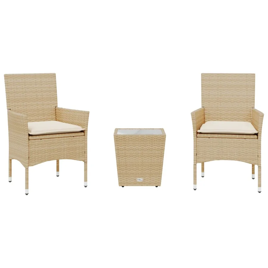 Ensemble de bistro avec coussins 3 pcs beige rotin et verre - 2