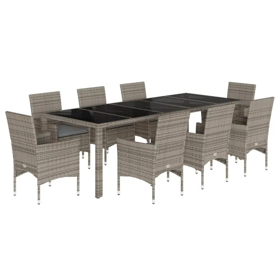 Ensemble à manger de jardin et coussins 9 pcs gris rotin verre - 2