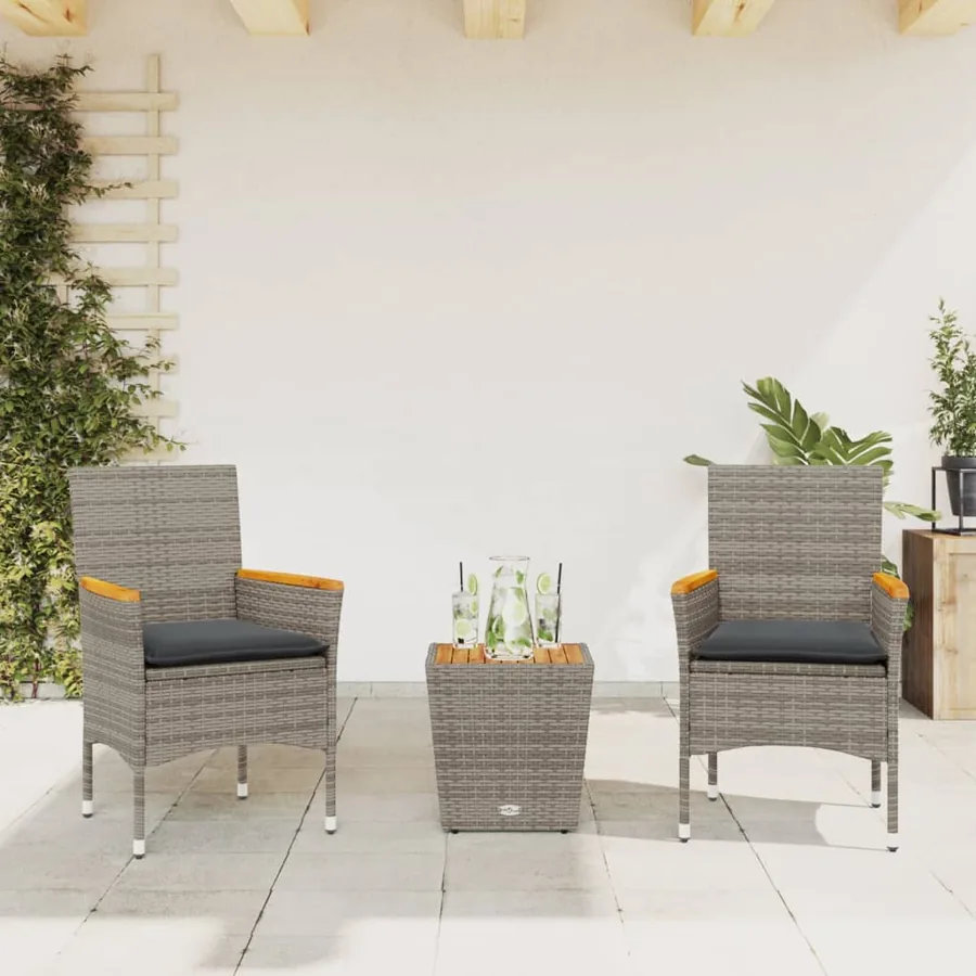 Ensemble de bistro avec coussins 3 pcs gris rotin et verre