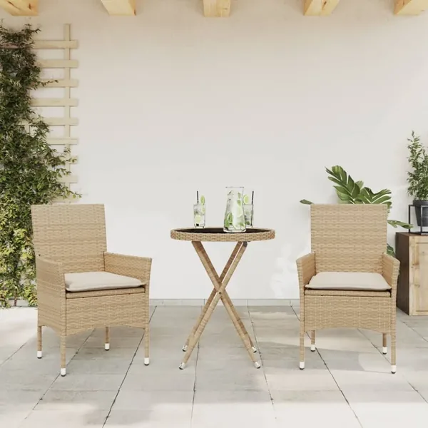 Ensemble de bistro avec coussins 3 pcs beige rotin et verre