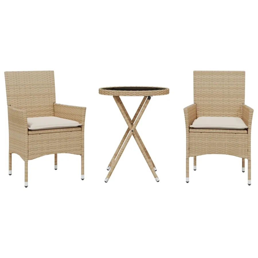 Ensemble de bistro avec coussins 3 pcs beige rotin et verre - 2