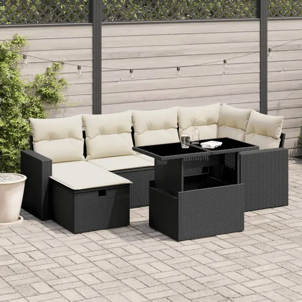 Salon de jardin 7 pcs avec coussins noir résine tressée 62 x 62 x 69 cm - 63,9 kg