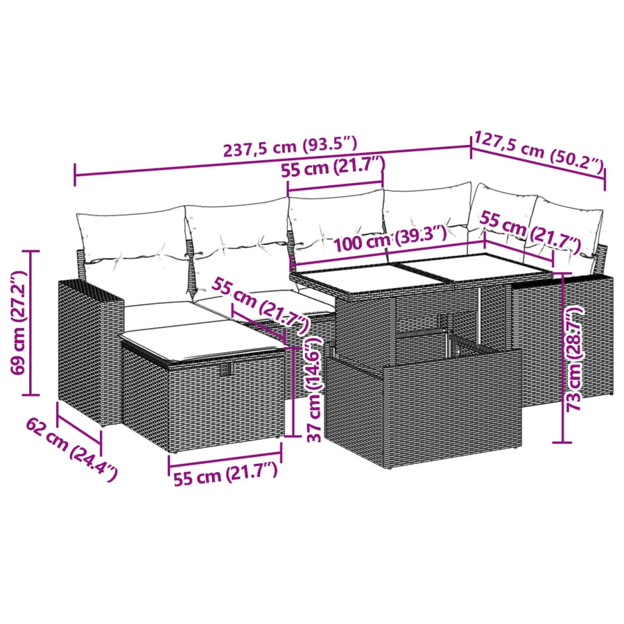 Salon de jardin 7 pcs avec coussins noir résine tressée 62 x 62 x 69 cm - 63,9 kg - 13