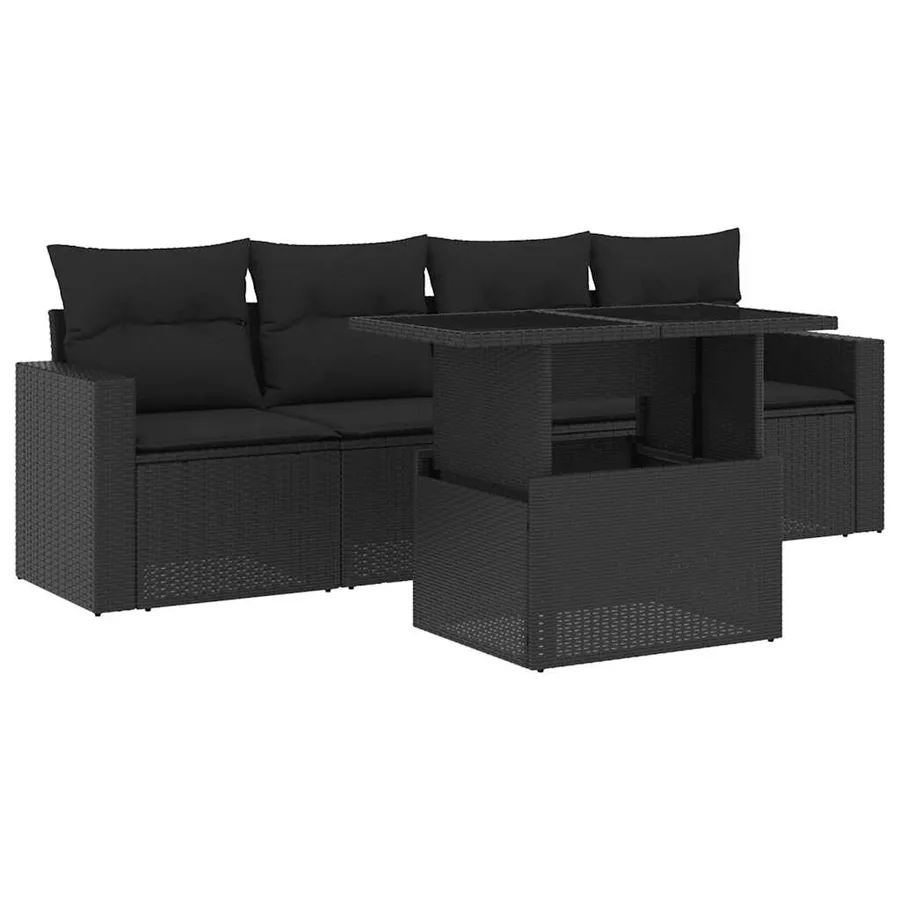 Salon de jardin 5 pcs avec coussins noir résine tressée - 2