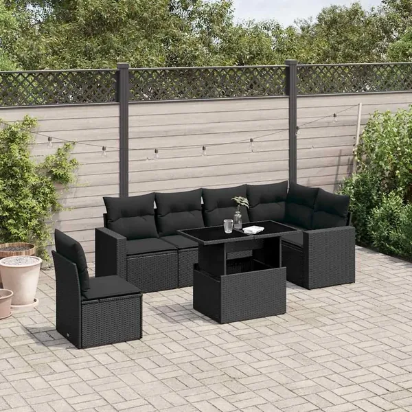 Salon de jardin 7 pcs avec coussins noir résine tressée 62 x 62 x 69 cm - 62,9 kg