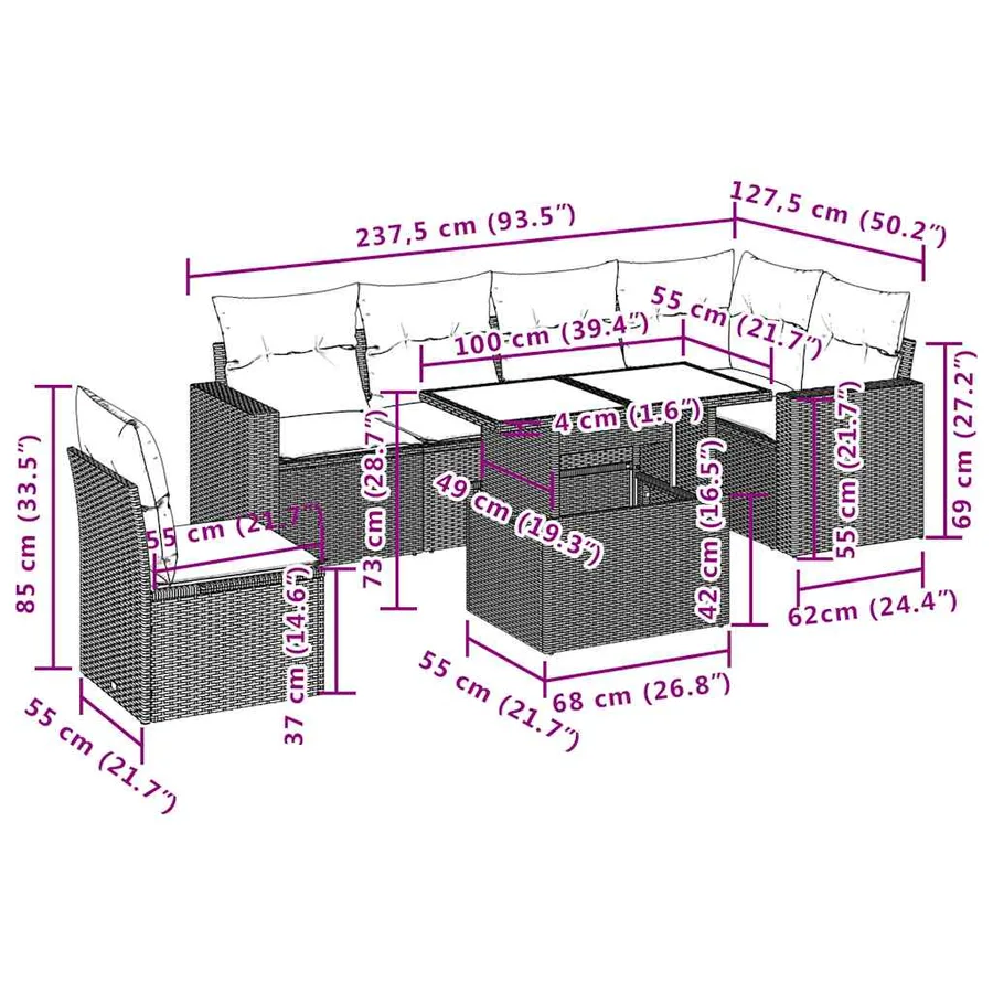 Salon de jardin 7 pcs avec coussins noir résine tressée 62 x 62 x 69 cm - 62,9 kg - 10