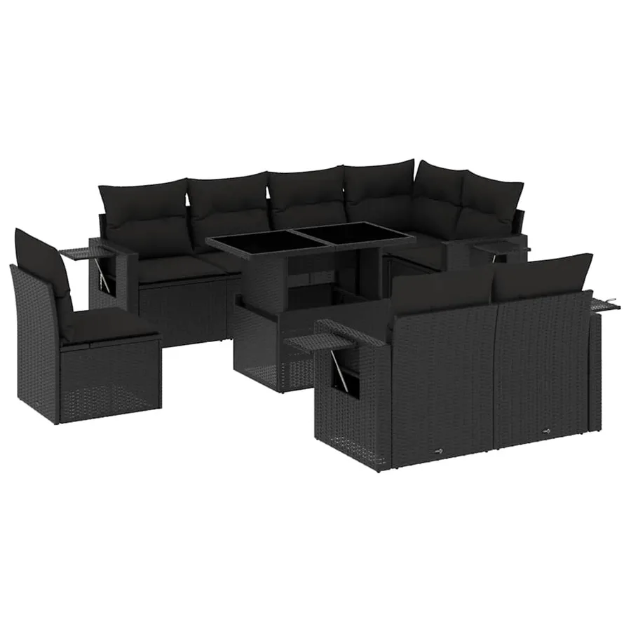 Salon de jardin 9 pcs avec coussins noir résine tressée - 2