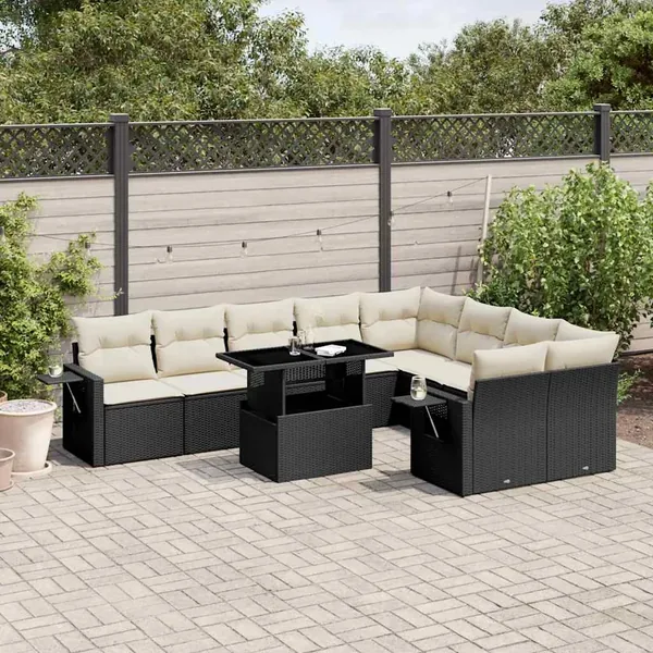 Salon de jardin 10 pcs avec coussins noir résine tressée