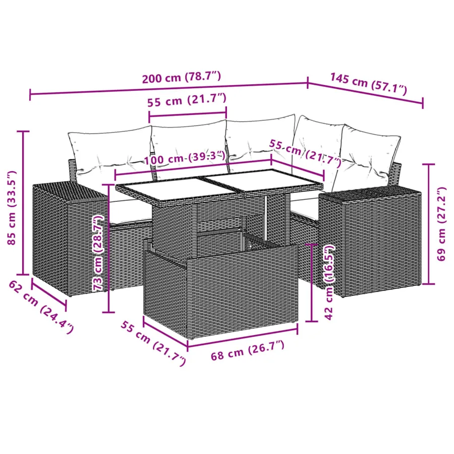 Salon de jardin 5 pcs avec coussins noir résine tressée - 10