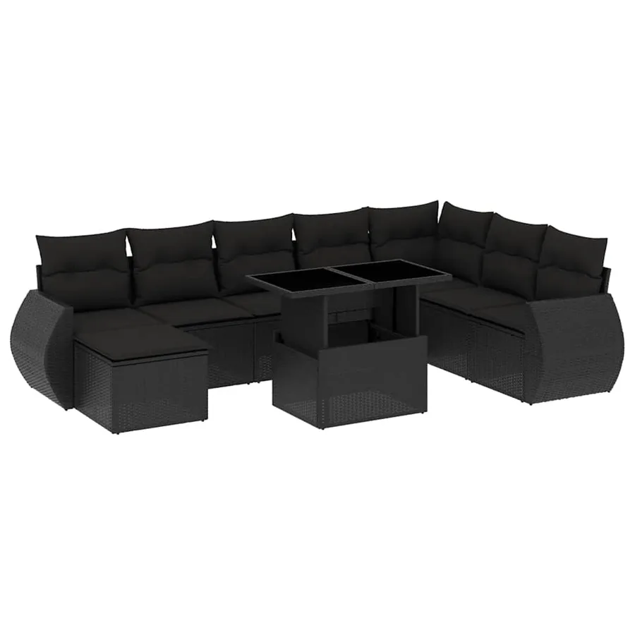 Salon de jardin 9 pcs avec coussins noir résine tressée - 2