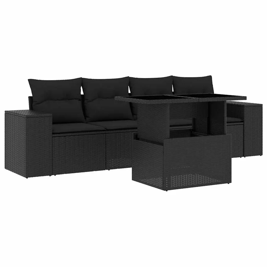 Salon de jardin 5 pcs avec coussins noir résine tressée - 2