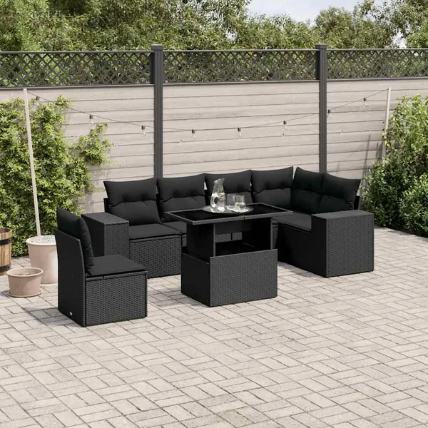 Salon de jardin 7 pcs avec coussins noir résine tressée 62 x 62 x 69 cm - 66,5 kg
