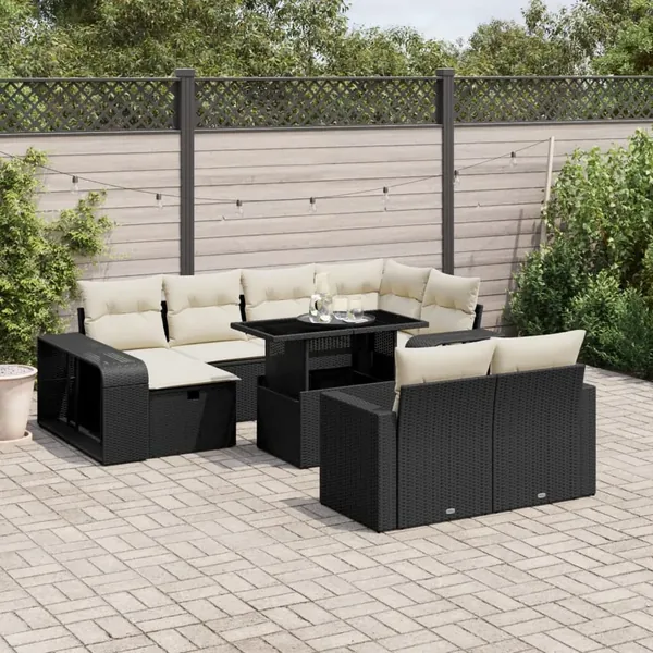 Salon de jardin 11 pcs avec coussins noir résine tressée