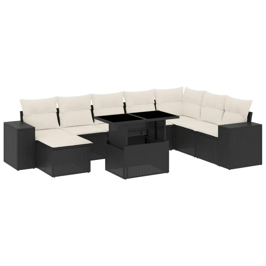 Salon de jardin 9 pcs avec coussins noir résine tressée - 2