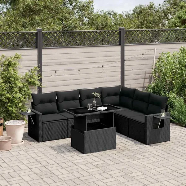 Salon de jardin 7 pcs avec coussins noir résine tressée 62 x 62 x 69 cm - 64,3 kg