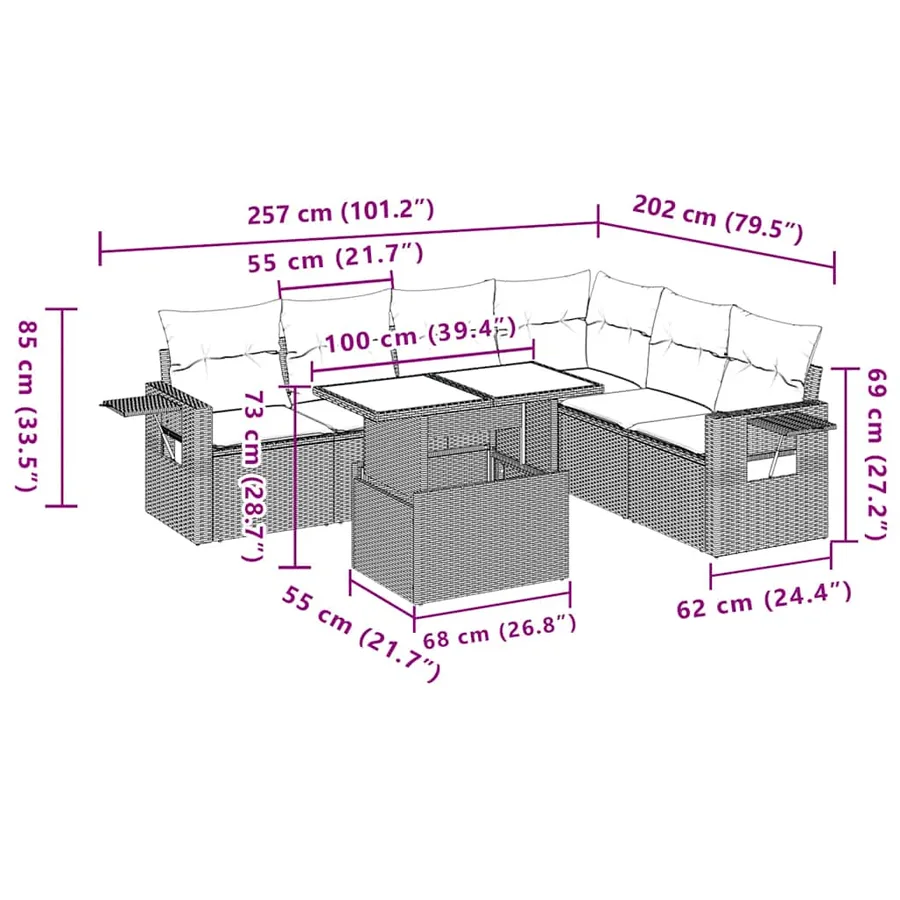 Salon de jardin 7 pcs avec coussins noir résine tressée 62 x 62 x 69 cm - 64,3 kg - 11