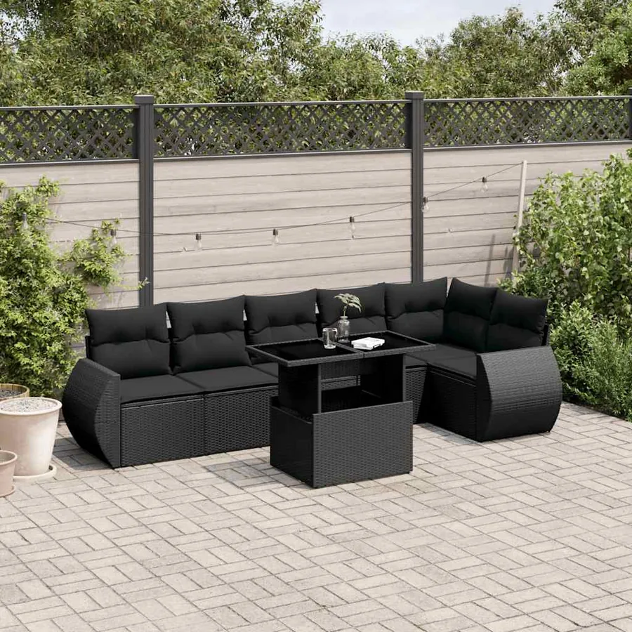 Salon de jardin 7 pcs avec coussins noir résine tressée 62 x 62 x 69 cm - 63,7 kg