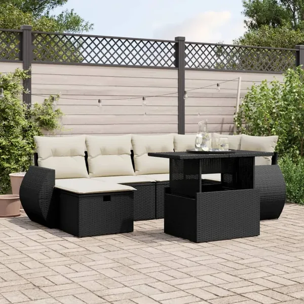 Salon de jardin 7 pcs avec coussins noir résine tressée 62 x 62 x 69 cm - 64,7 kg