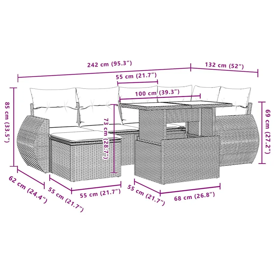 Salon de jardin 7 pcs avec coussins noir résine tressée 62 x 62 x 69 cm - 64,9 kg - 11