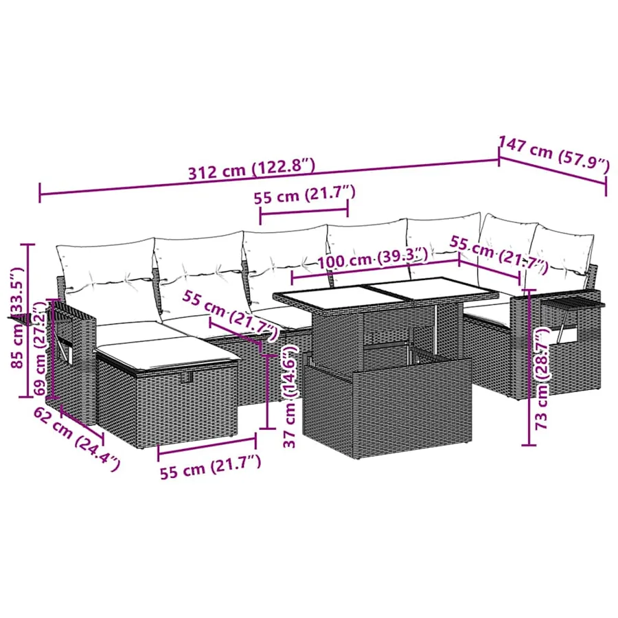 Salon de jardin 8 pcs avec coussins noir résine tressée - 14