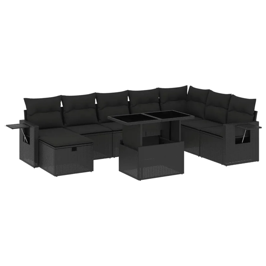 Salon de jardin 9 pcs avec coussins noir résine tressée - 2