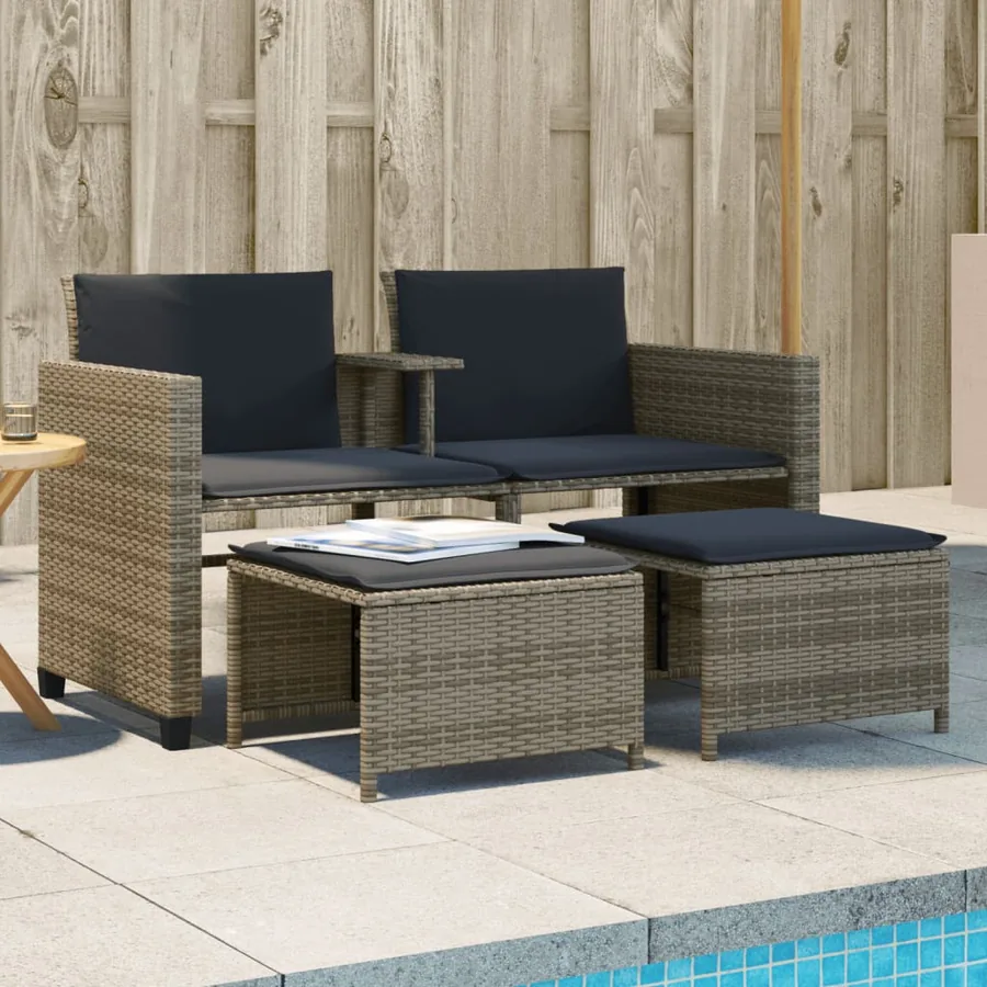 Canapé de jardin 2 places avec table et tabourets gris rotin