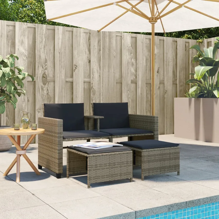 Canapé de jardin 2 places avec table et tabourets gris rotin - 3