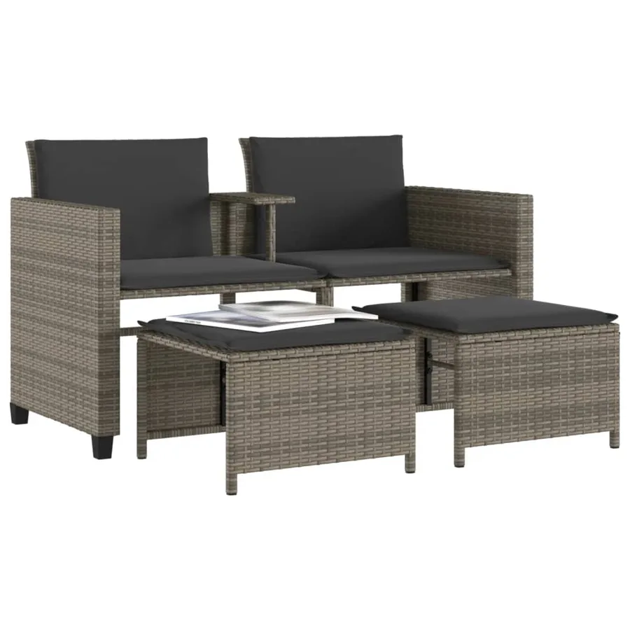 Canapé de jardin 2 places avec table et tabourets gris rotin - 4