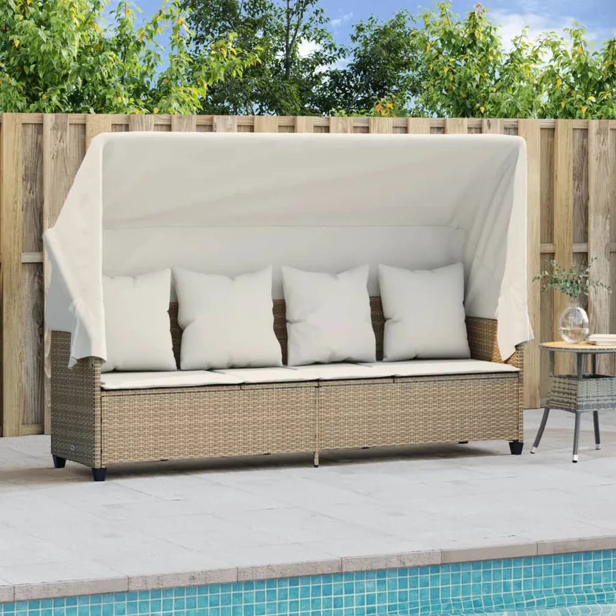 Chaise longue avec auvent et coussins beige résine tressée - 3