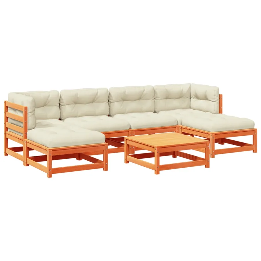 Salon de jardin 7 pcs avec coussins cire marron bois pin massif - 2