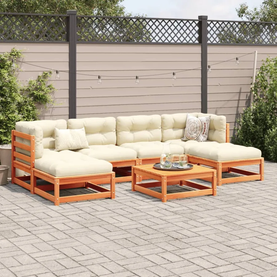 Salon de jardin 7 pcs avec coussins cire marron bois pin massif - 3
