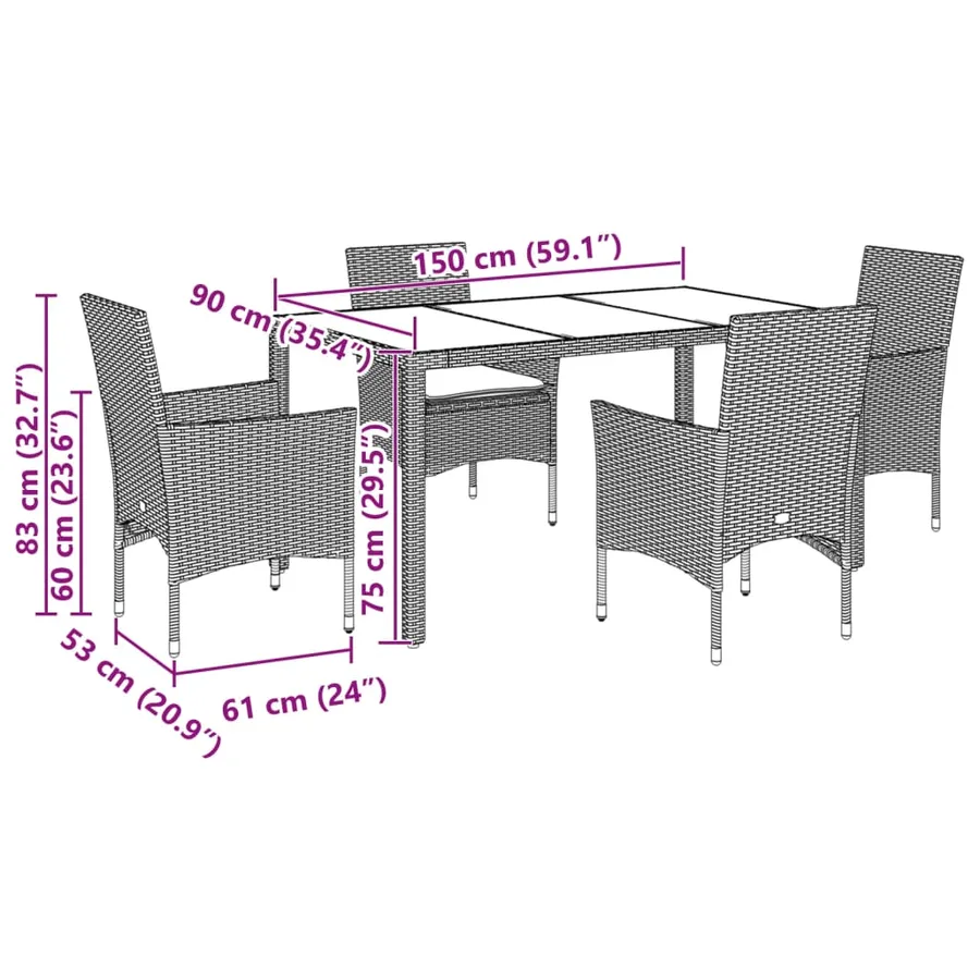 Ensemble à manger de jardin et coussins 5 pcs noir rotin verre - 7