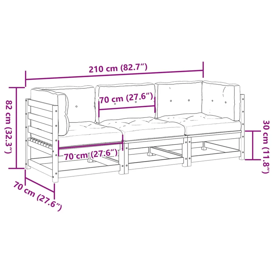Salon de jardin 3 pcs avec coussins cire marron bois pin massif - 10