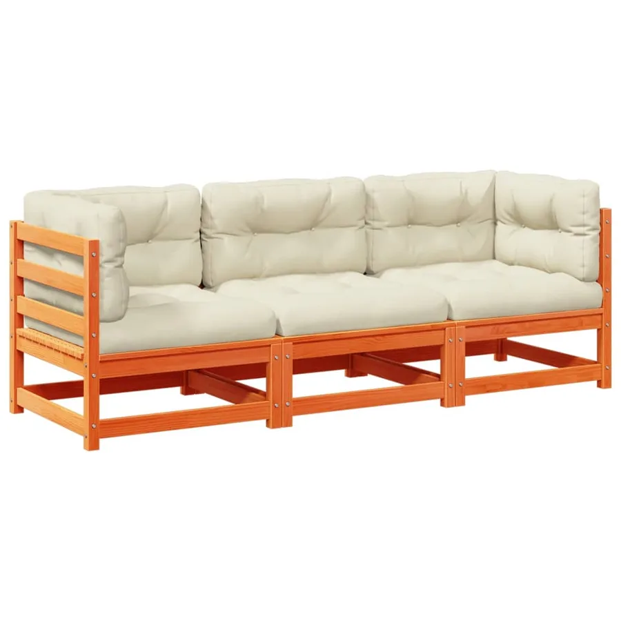 Salon de jardin 3 pcs avec coussins cire marron bois pin massif - 2